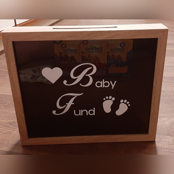 Baby Fund Saving Money Glass and Wooden Box 11 x 13 Keepsake - EUC - Picture 1 of 8